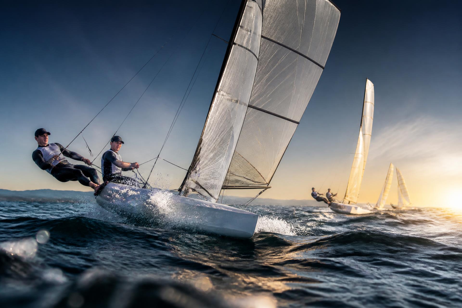 Olympic-class sailing dinghy racing at golden hour