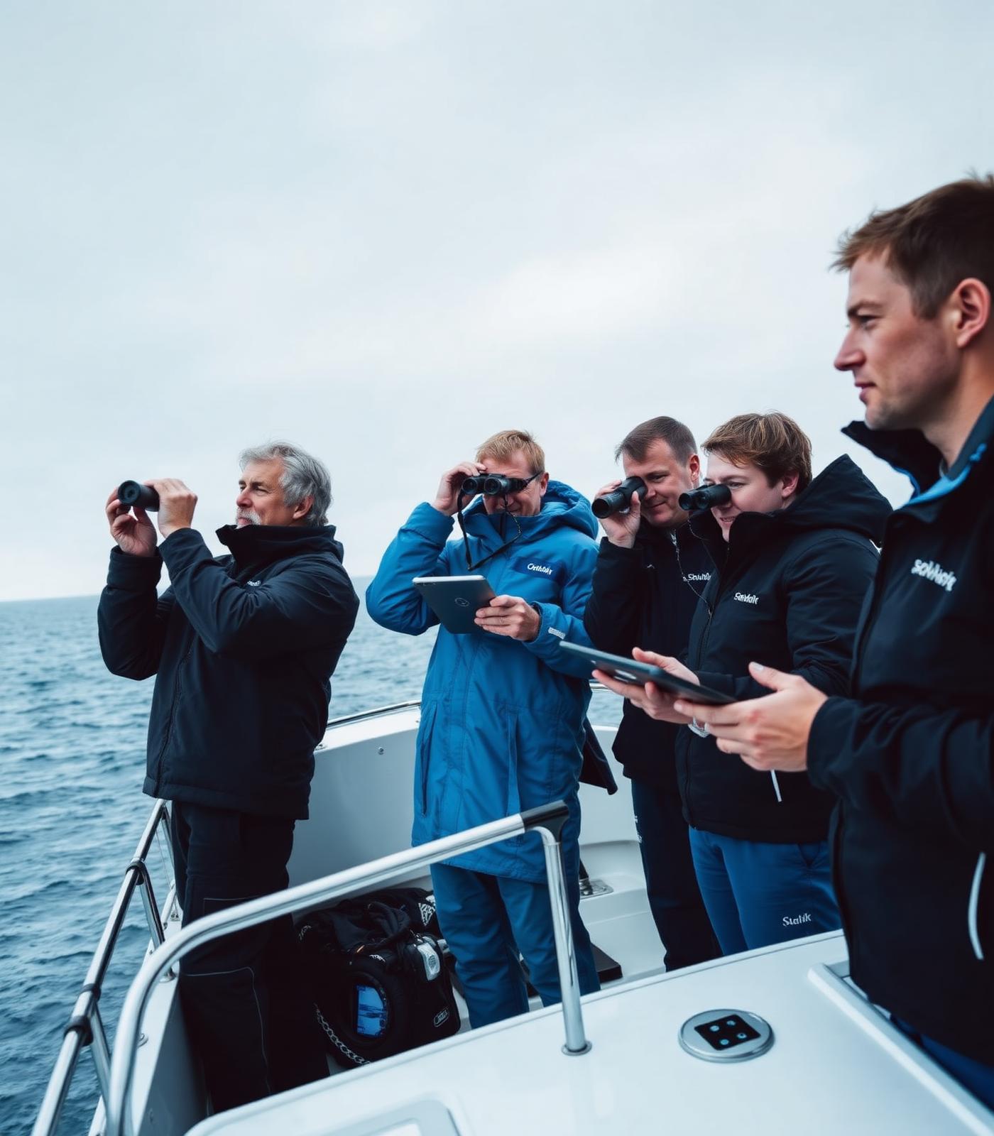 Coaching team coordinating on a support boat